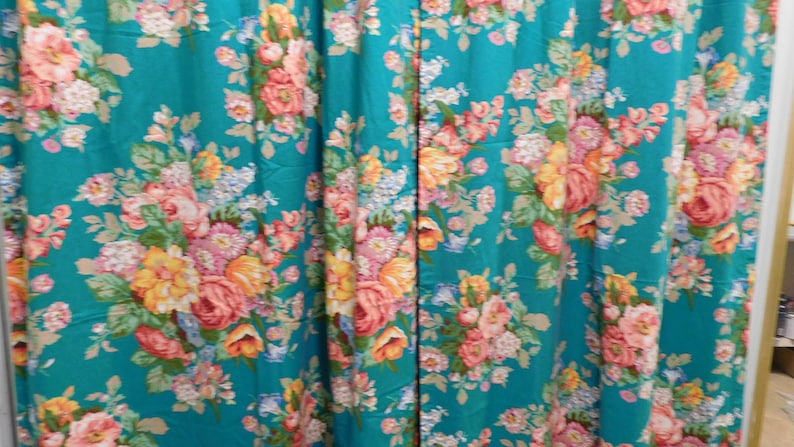 Rare India Street Pair of Drapes by Ralph Lauren-Teal and Vibrant Florals 84 long