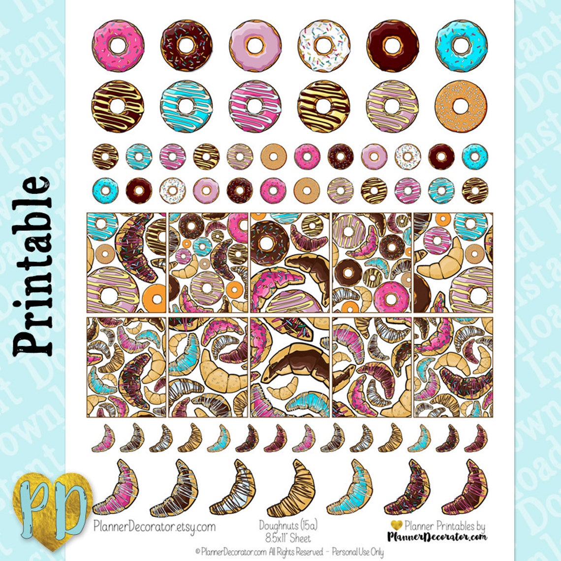 Doughnut Printable Planner Stickers Croissant Stickers Donut | Etsy