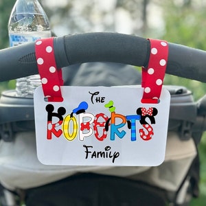 Personalized Family Name Stroller Tag, Amusement Theme Park Sign for Strollers, Inspired Princess Superhero Themed Tags for Baby Carrier