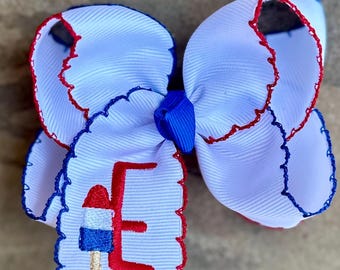 Personalized Initial Hair Bow, Red White Blue Popsicle Embroidered Bow, 4th of July Hair Bow, Patriotic Monogram Bow, Summer Girls Hair Bow