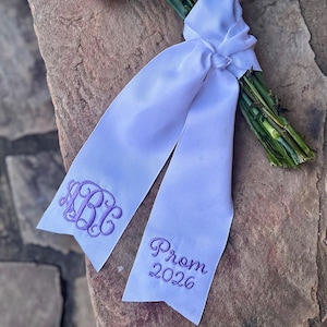 Personalized Monogram Ribbon for Bouquet, Embroidered Wedding Flower Ribbon, Prom Bouquet Ribbon, Custom Name Sash, Bridal Bouquet Wrap image 2