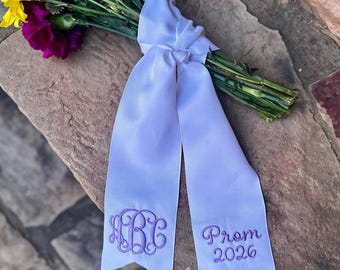 Personalized Bouquet Ribbon, Embroidered Monogram Wedding Ribbon, Custom Name Sash, Bridal Bouquet Wrap, Prom Homecoming Ribbon Tail