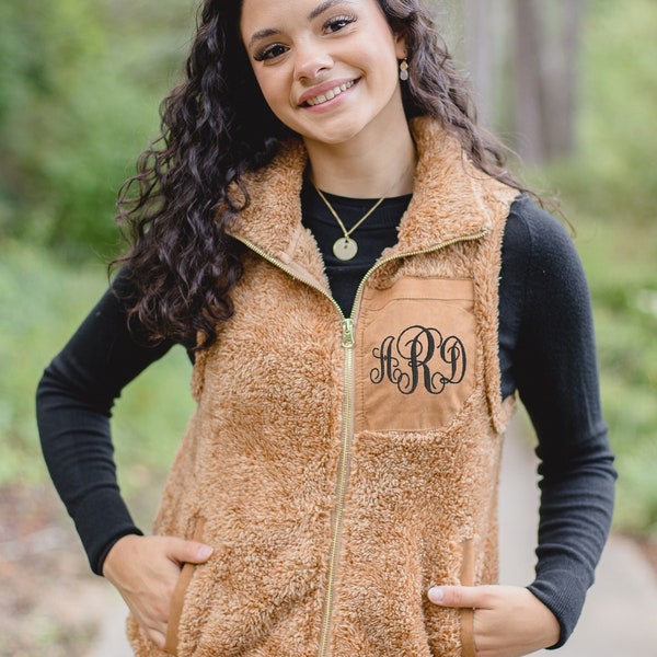 Womens Monogrammed Sherpa Zipper Vest Jacket-Personalized Monogram Adults Ladies Winter Fleece-Women's  Sherpas Vests with Initials