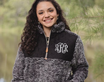 Womens Monogrammed Sherpa Zipper Pullover Jacket-Personalized Monogram Adults Ladies Winter Fleece-Women's Quilted Sherpas with Initials