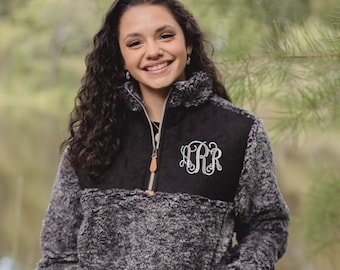 Womens Monogrammed Sherpa Zipper Pullover Jacket-Personalized Monogram Adults Ladies Winter Fleece-Women's Quilted Sherpas with Initials