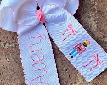 Monogrammed Medium or Large Moonstitch Hair Bow with Embroidered Christmas Nutcracker. Personalized Monogram Ballet Coquette Name Hairbow