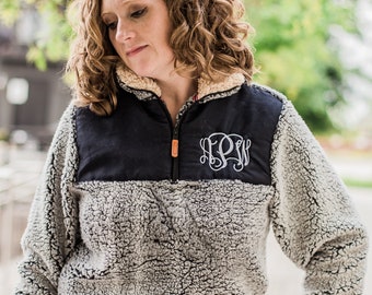 Womens Monogrammed Sherpa Zipper Pullover Jacket-Personalized Monogram Adults Ladies Winter Fleece-Women's Sherpas Initials or Name or Blank