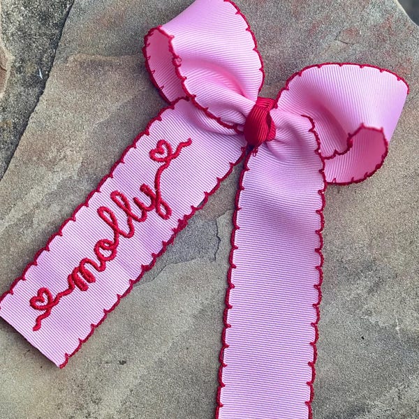 Personalized Monogrammed Medium or Large Moonstitch Hair Bow with Embroidered Hearts Name Hairbow, Custom Valentine's Day Hairbows