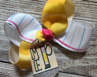 Medium or Large Monogrammed Back to School Hair Bow, First Day of Kindergarten, PreK Personalized Pencil Hairbow with Monogram Initials