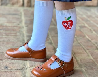 Personalized Back to School Kids Apple Socks, Monogrammed White Ruffle Apples Sock, Custom Monogram Apple Knee High Stockings with Initial