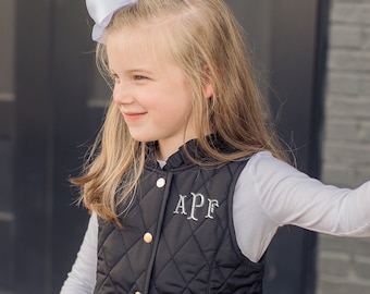 Monogrammed Kids Puffer Vest, Girls Monogram Puffy Quilted Vests, Personalized Toddler, Little and Big Girls Outerwear, Embroidered Gift