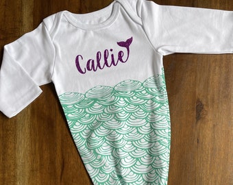 Personalized Mermaid Infant Cotton Knot Gown, Monogram Little Newborn Outfit, Monogrammed Coming Home Sleeper, Knotted Mermaids Baby Gown