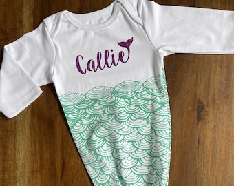 Personalized Mermaid Infant Cotton Knot Gown, Monogram Little Newborn Outfit, Monogrammed Coming Home Sleeper, Knotted Mermaids Baby Gown