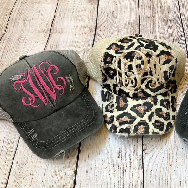 Criss-Cross Distressed Monogram Hat, Monogrammed Messy Bun Baseball Cap, Personalized Ponytail Trucker Mesh Caps with Initials or Name