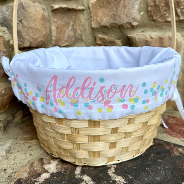 Personalized Confetti Dots Easter Basket LINER ONLY, Kids Polka Dot White Fabric w/ Name, Monogrammed Bunny Tote, Boy & Girl Bag Totes