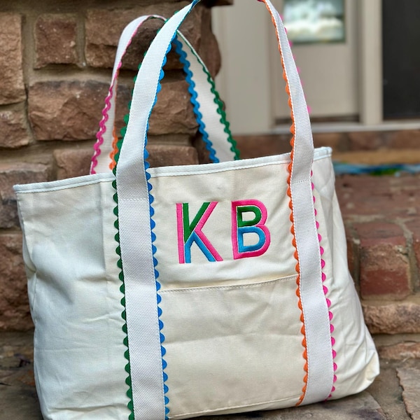 Personalized Ric Rac Canvas Beach Tote, Monogrammed Summer Bag, Initial Rick Rack Pool Bags, Colorful Monogram Bridesmaids Teacher Gift