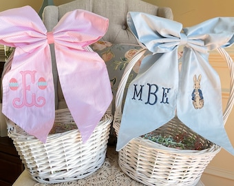 Monogrammed Seersucker Easter Basket Bow, Bunny Baskets Gingham Bow with Name or Monogram, Personalized Egg Tote Pre-Tied