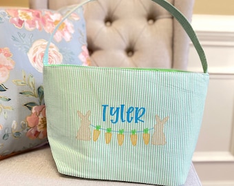 RESTOCKED Personalized Pink, Purple, Green or Blue Seersucker Easter Basket Tote, Kids Bucket w/ Name or Monogram, Monogrammed Egg Bunny Bag