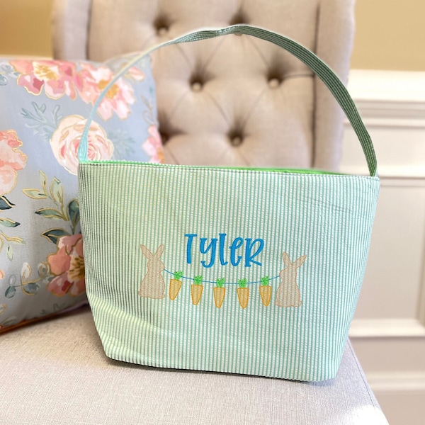 RESTOCKED Personalized Pink, Purple, Green or Blue Seersucker Easter Basket Tote, Kids Bucket w/ Name or Monogram, Monogrammed Egg Bunny Bag