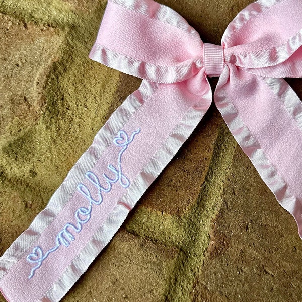 Personalized Monogrammed Medium Ruffle Hair Bow with Embroidered Heart Name Hairbow, Custom Valentine's Day Ruffles Satin Hearts Hairbows