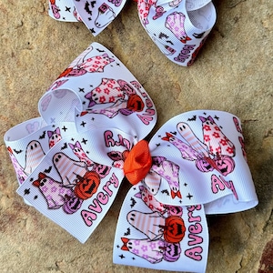 Medium or Large Girl Ghost Halloween Monogrammed Trick or Treat Hair Bow, Personalized 4 or 5.5 inch Bow w/ Spooky Pumpkin Monogram Initials