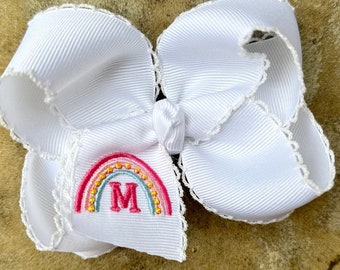 Personalized Medium or Large Moonstitch Boho Rainbow Hair Bow, Monogram Initial Scalloped Bows, Monogrammed Moon Stitch Hairbow Hairbows