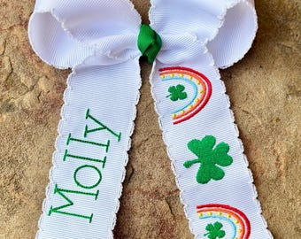 Moonstitch Medium or Large Monogrammed St. Patrick's Day Hair Bow…Personalized Monogram Moon Stitch Scallop Shamrock Rainbow Bows w/ Name