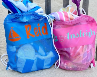 RESTOCKED Personalized Seashell Mesh Back Pack Tote…Kids Beach Bag…Monogrammed Summer Backpack Sea Shell Bags Accessories with Name Monogram