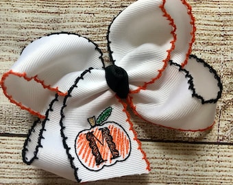 Personalized Medium or Large Moonstitch Hair Bow, Monogram Initial Scalloped Bows, Monogrammed Pumpkin Hairbow, Halloween Hairbows