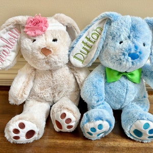 Personalized Easter Bunny, Kids Stuffed Animal Plush Rabbit, Easter Basket Embroidered Ear Bunnies, New Baby Gift-Pink, Blue, Brown, Gray
