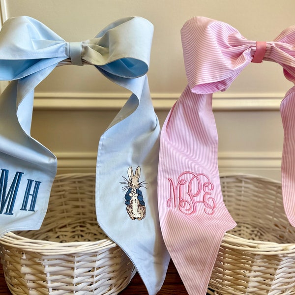 Monogrammed Seersucker Easter Basket Bow, Bunny Baskets  Bow with Name or Monogram, Personalized Egg Tote Pre-Tied Pretied