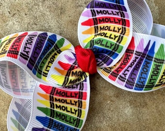 Medium or Large Monogrammed Back to School Hair Bow, First Day of Kindergarten, PreK Personalized Apple Hairbow with Name, Crayon Bows