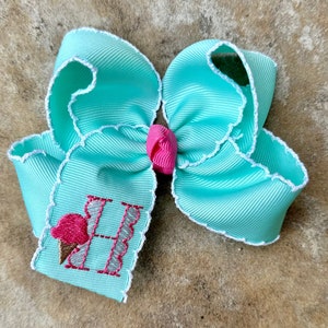 Personalized Medium or Large Moonstitch Ice Cream Cone Hair Bow, Monogram Initial Scalloped Summer Bows, Monogrammed Moon Stitch Hairbow