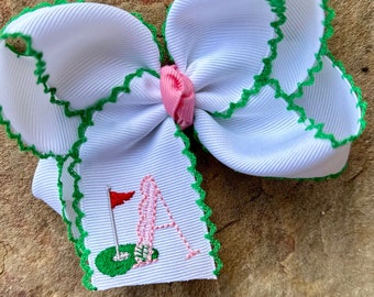Personalized Medium or Large Moonstitch Golf Tournament Hair Bow, Monogram Initial Scalloped Flag Green Hole Bows, Moon Stitch Hairbow