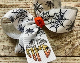 Medium or Large Spider Web Halloween Monogrammed Boutique Hair Bow, Personalized 4 or 5.5 inch Bow with Spooky Candy Corn Monogram Initials