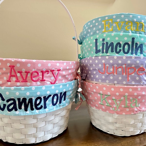 Personalized Easter Bamboo Wicker Basket Tote with Liner, Kids Polka Dot Bucket w/ Name & Monogram, Monogrammed Dots Egg Bunny Bag