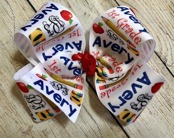 Medium or Large Monogrammed Back to School Hair Bow, First Day of Kindergarten, PreK Personalized Apple Hairbow with Initials, First, Second
