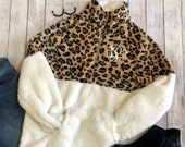 Leopard Print Womens Monogrammed Sherpa Zipper Pullover Jacket-Personalized Monogram Adults Ladies Winter Fleece-Women 39 s Sherpas Initials
