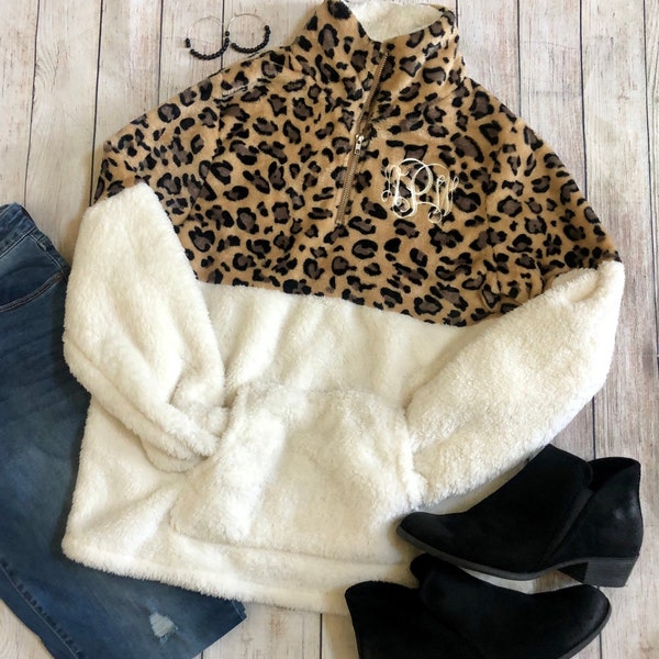 Leopard Print Womens Monogrammed Sherpa Zipper Pullover Jacket-Personalized Monogram Adults Ladies Winter Fleece-Women's Sherpas Initials