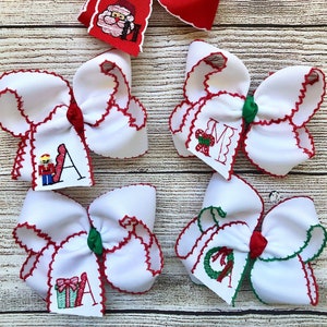 You Choose Colors...Monogrammed Medium or Large Moonstitch Hair Bow with Embroidered Christmas Design…Tree, Santa, Snowman, Gift Hairbow