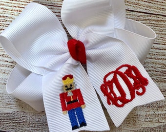 You Choose Colors Hairbows-Monogrammed Medium or Large Hair Bow with Embroidered Christmas Nutcracker. Personalized Monogram Ballet Hairbow