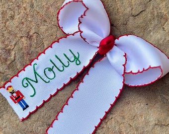 Monogrammed Medium or Large Moonstitch Hair Bow with Embroidered Christmas Nutcracker. Personalized Monogram Ballet Hairbow with Name