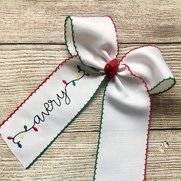 Personalized Monogrammed Medium or Large Moonstitch Hair Bow with Embroidered Christmas Tree Light Bulbs Hairbow, Custom Name Hairbows