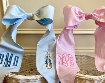 Monogrammed Seersucker Easter Basket Bow, Bunny Baskets  Bow with Name or Monogram, Personalized Egg Tote Pre-Tied Pretied