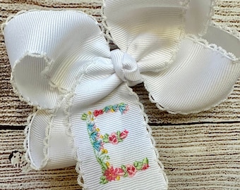 Personalized Monogrammed Medium or Large Moonstitch Hair Bow with Embroidered Floral Initial Hairbow, Custom Flower Spring Flowers Hairbows