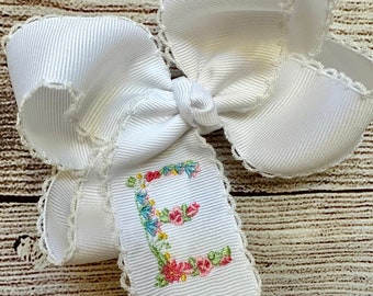 Personalized Monogrammed Medium or Large Moonstitch Hair Bow with Embroidered Floral Initial Hairbow, Custom Flower Spring Flowers Hairbows