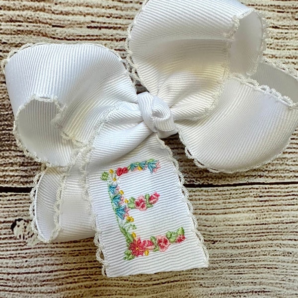 Personalized Monogrammed Medium or Large Moonstitch Hair Bow with Embroidered Floral Initial Hairbow, Custom Flower Spring Flowers Hairbows