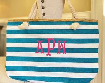 Bridesmaid Beach Tote Bag, Personalized Bachelorette Canvas Tote, Monogrammed Wedding Welcome Bag, Bridal Party Gift, Striped Pool Bag