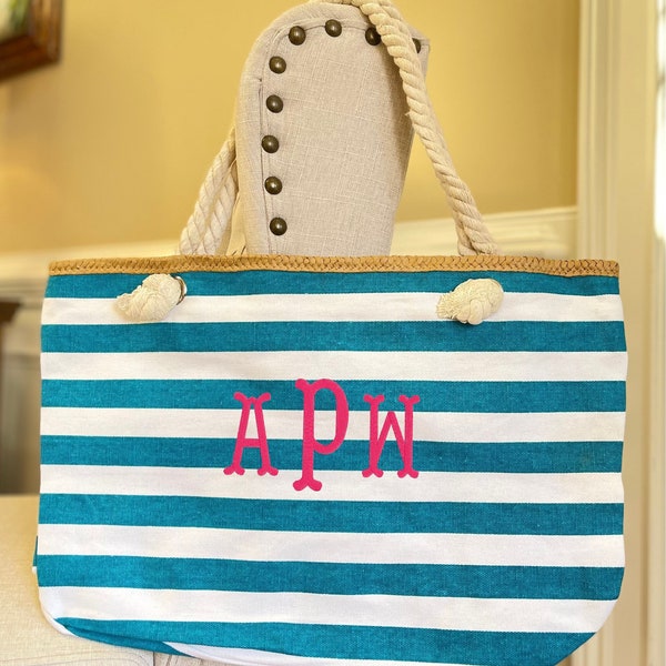 Personalized Striped Beach Tote, Monogrammed Canvas Summer Bag, Embroidered Stripe Pool Bags with Name or Monogram, Bridesmaids Teacher Gift