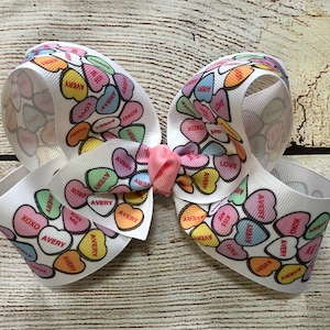 Personalized Medium or Large Monogrammed Valentine's Day Hair Bow, Conversation Hearts Name Hairbow, Candy Heart Valentines Hair Bows